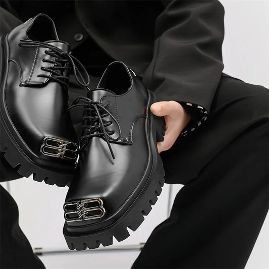 Square Toe Derby Shoes for Men Thick Soles Black Business Formal Casual Leather Shoes