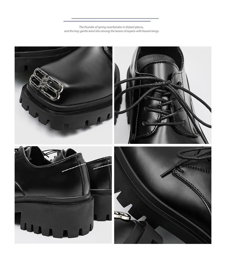 Square Toe Derby Shoes for Men Thick Soles Black Business Formal Casual Leather Shoes