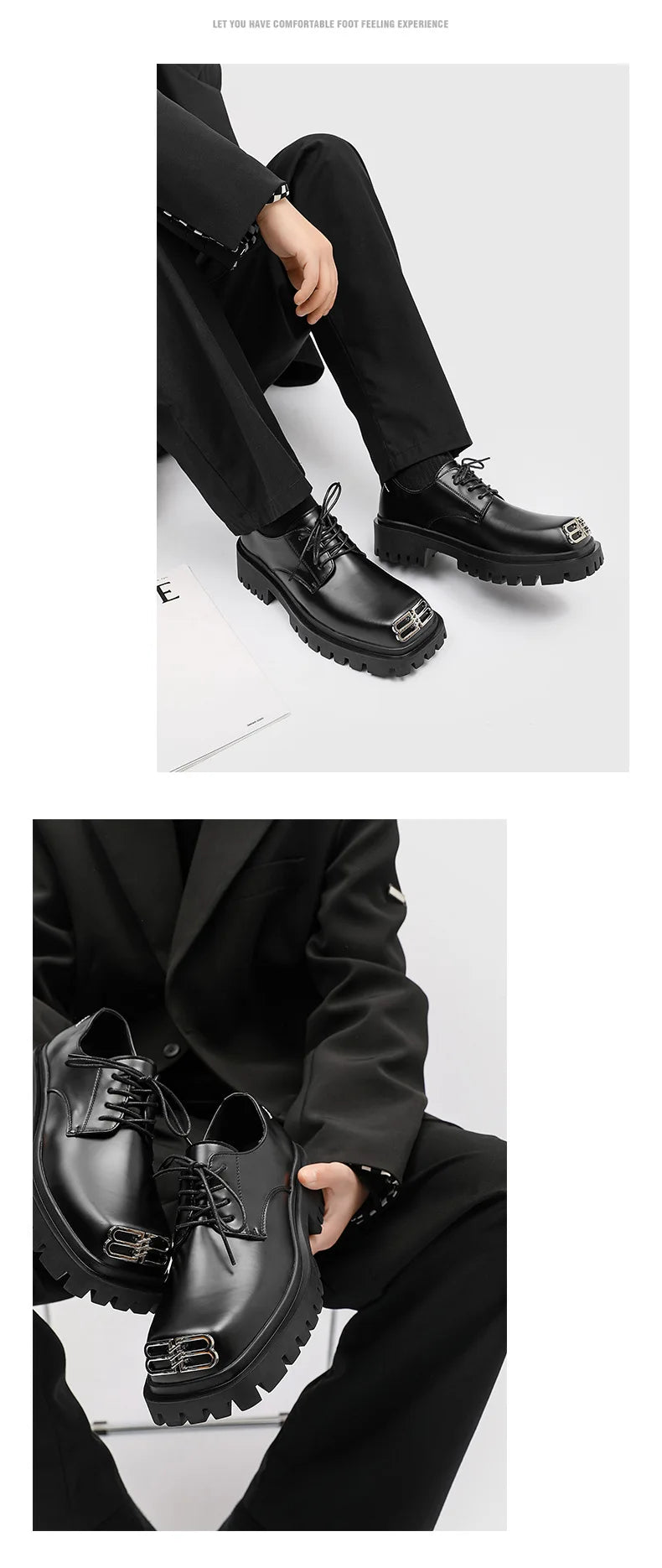 Square Toe Derby Shoes for Men Thick Soles Black Business Formal Casual Leather Shoes