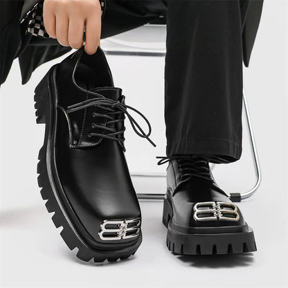 Square Toe Derby Shoes for Men Thick Soles Black Business Formal Casual Leather Shoes