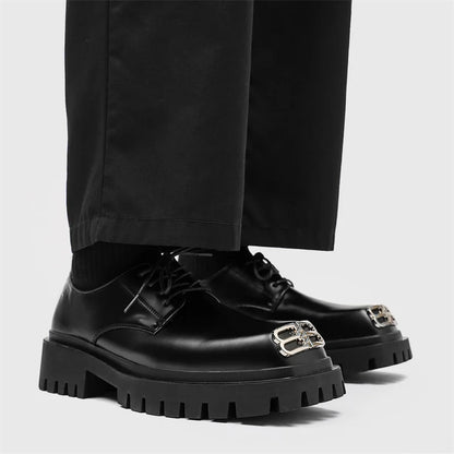 Square Toe Derby Shoes for Men Thick Soles Black Business Formal Casual Leather Shoes