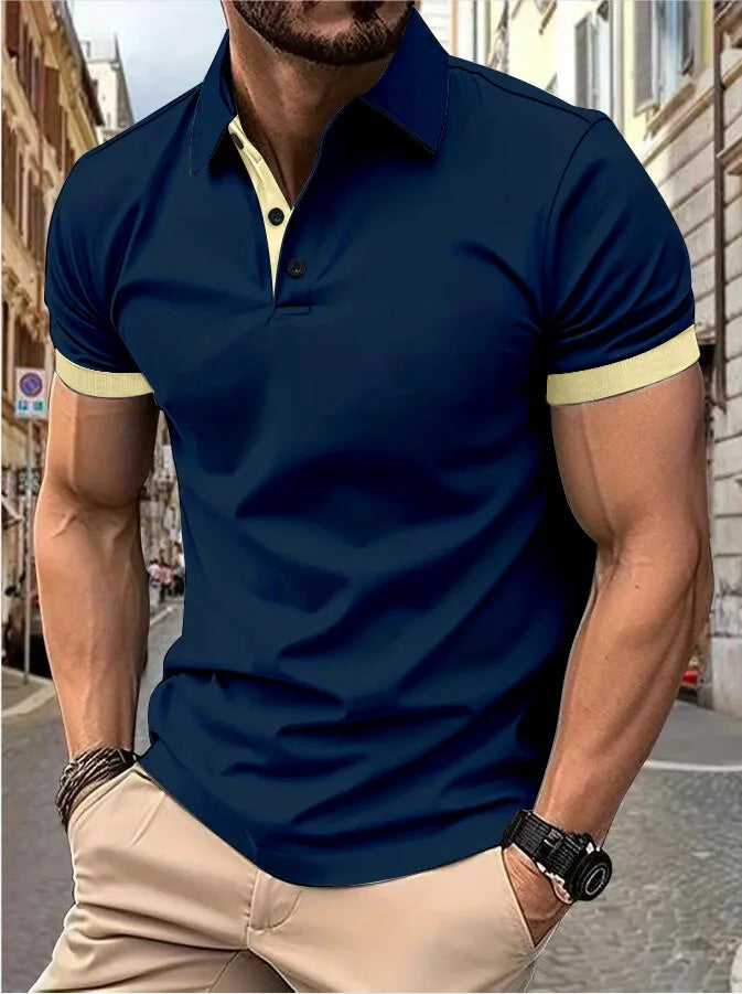 Men's short sleeve color matching fashion with men's lapel short sleeve