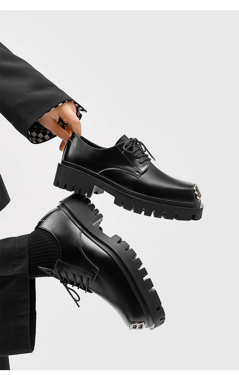 Square Toe Derby Shoes for Men Thick Soles Black Business Formal Casual Leather Shoes