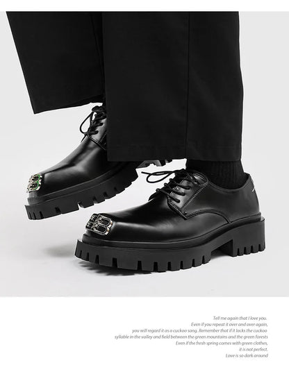 Square Toe Derby Shoes for Men Thick Soles Black Business Formal Casual Leather Shoes