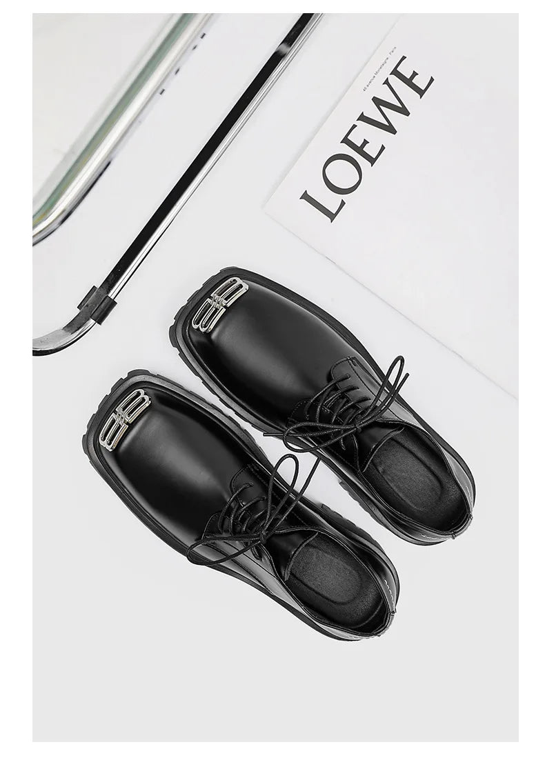 Square Toe Derby Shoes for Men Thick Soles Black Business Formal Casual Leather Shoes