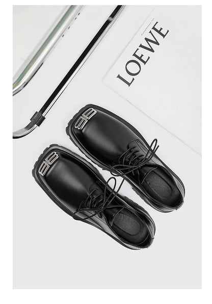 Square Toe Derby Shoes for Men Thick Soles Black Business Formal Casual Leather Shoes