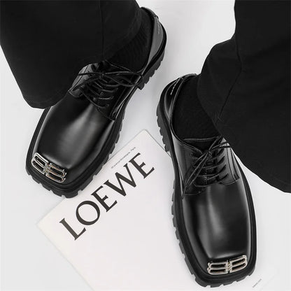 Square Toe Derby Shoes for Men Thick Soles Black Business Formal Casual Leather Shoes