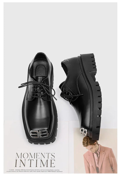 Square Toe Derby Shoes for Men Thick Soles Black Business Formal Casual Leather Shoes