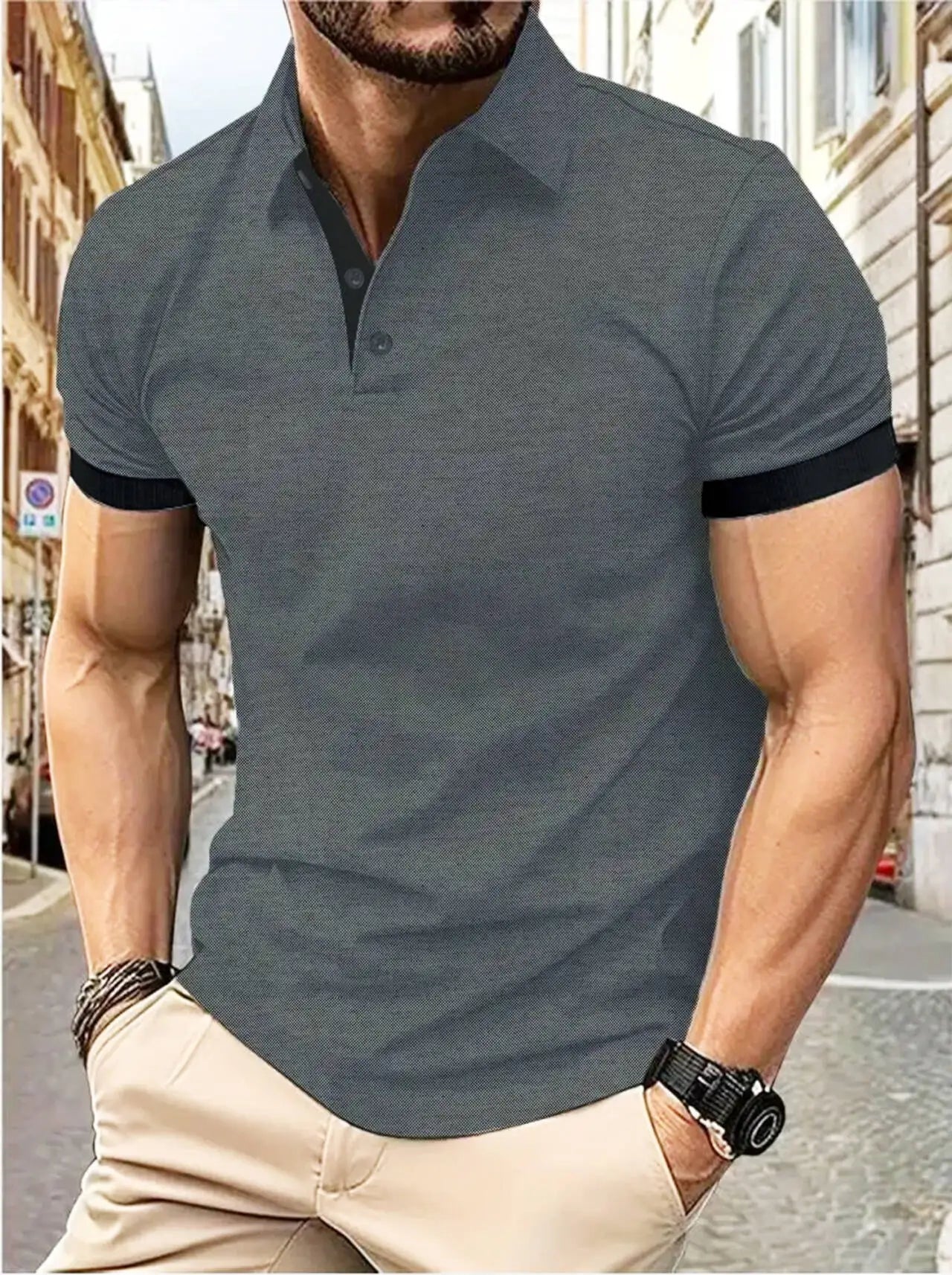 Men's short sleeve color matching fashion with men's lapel short sleeve