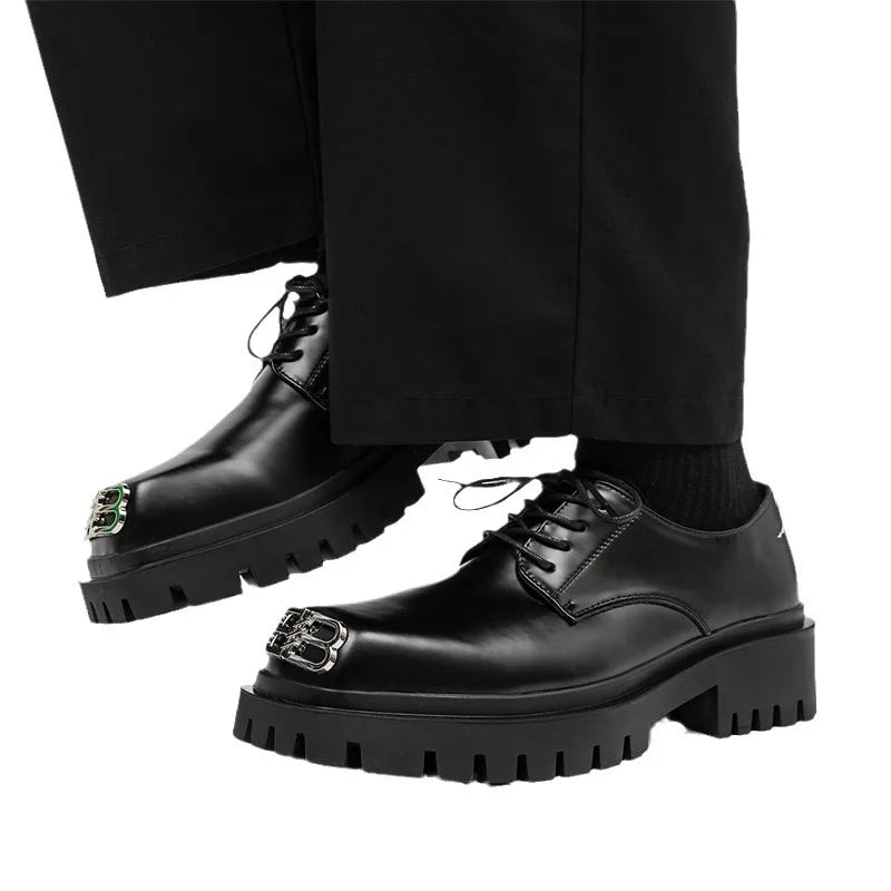 Square Toe Derby Shoes for Men Thick Soles Black Business Formal Casual Leather Shoes