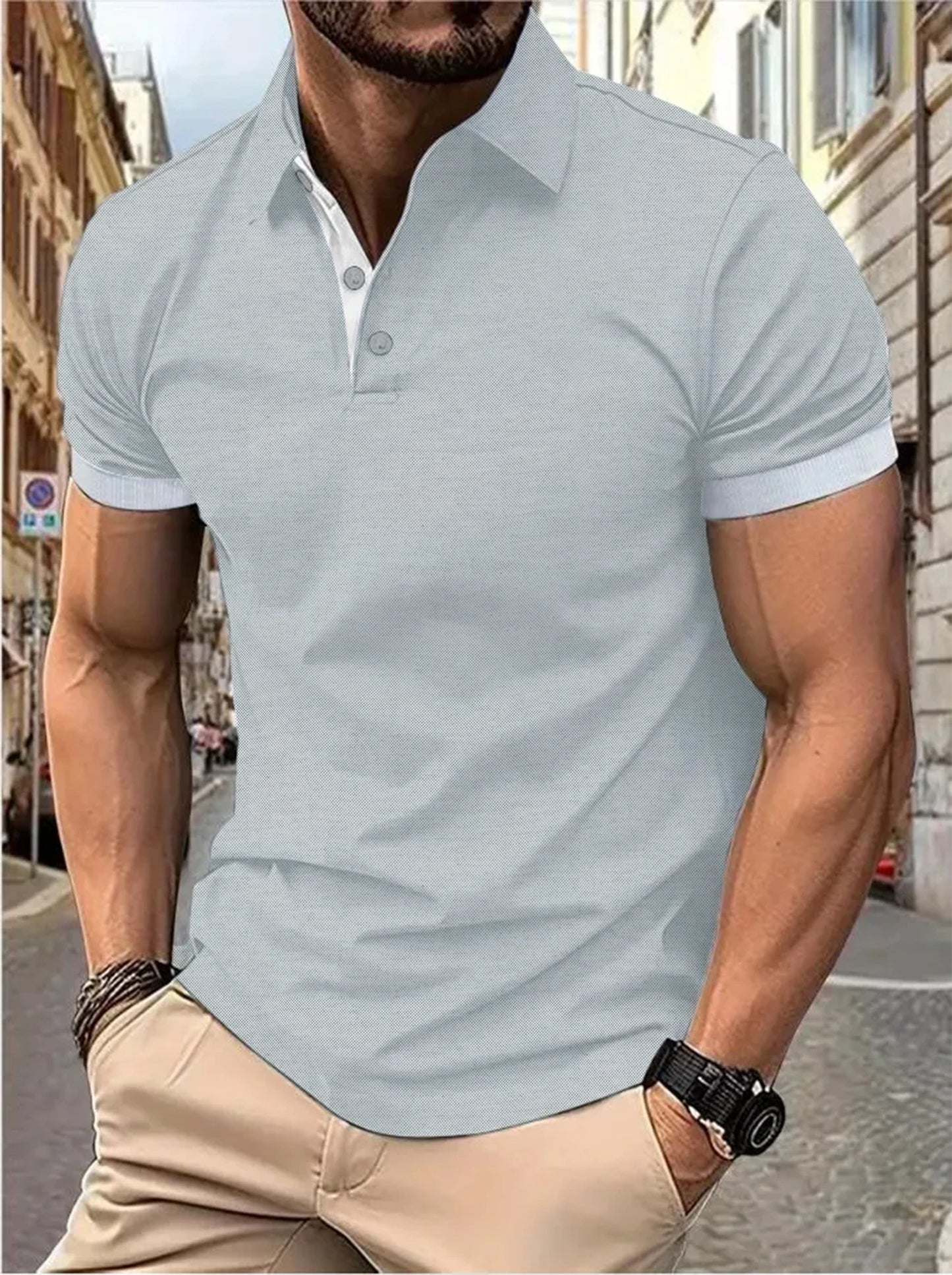Men's short sleeve color matching fashion with men's lapel short sleeve