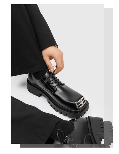 Square Toe Derby Shoes for Men Thick Soles Black Business Formal Casual Leather Shoes