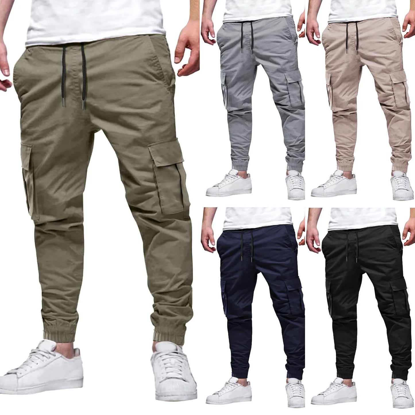 Men's Casual Multi-Pocket Elastic Waist Overalls Pants