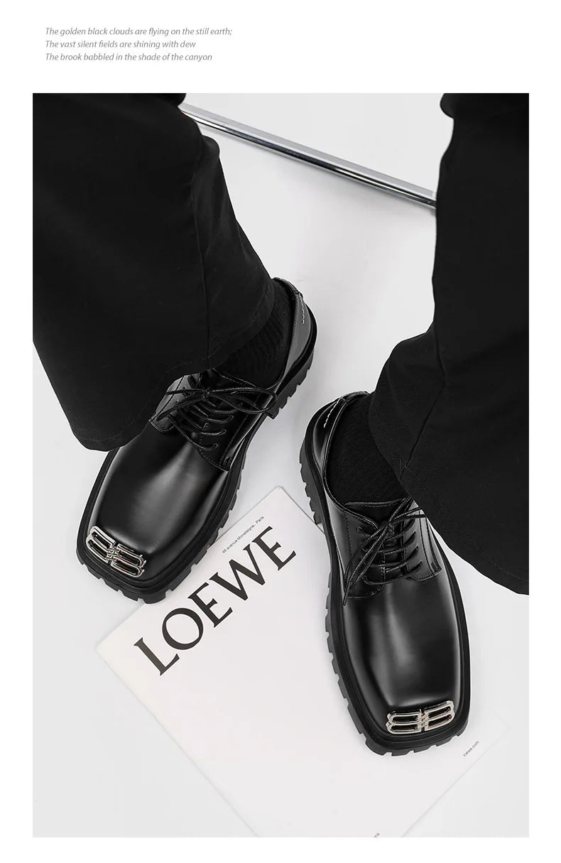 Square Toe Derby Shoes for Men Thick Soles Black Business Formal Casual Leather Shoes