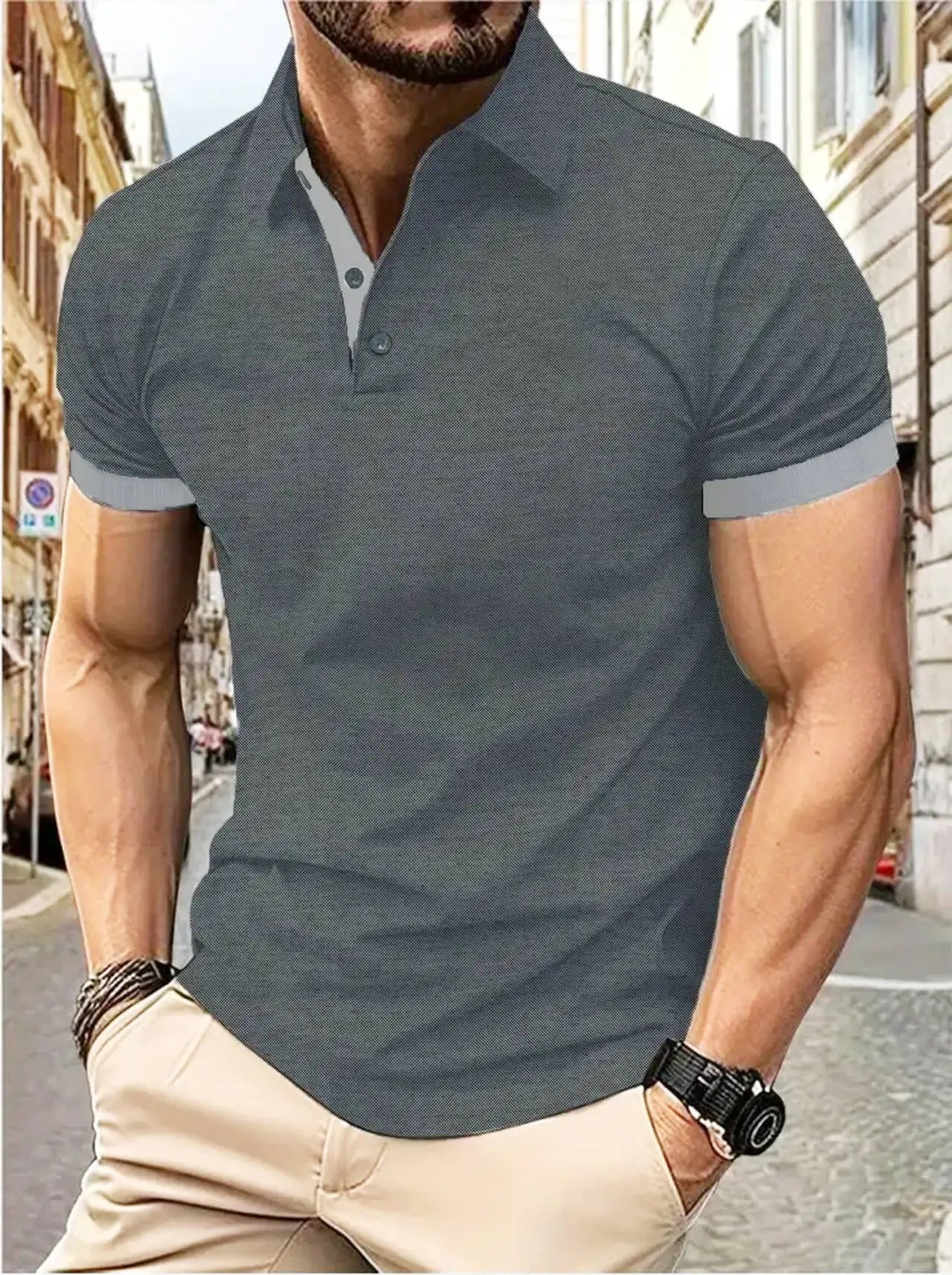 Men's short sleeve color matching fashion with men's lapel short sleeve