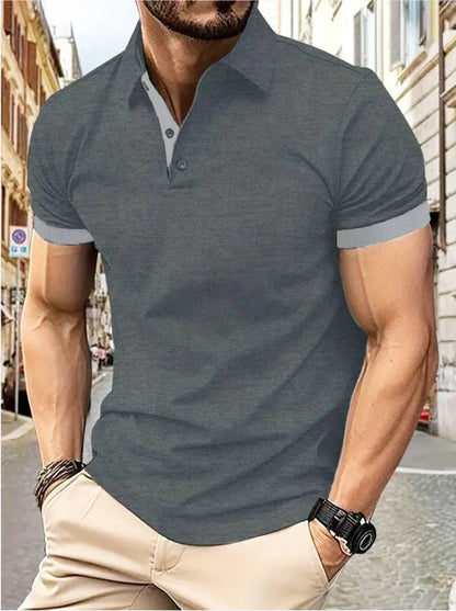 Men's short sleeve color matching fashion with men's lapel short sleeve