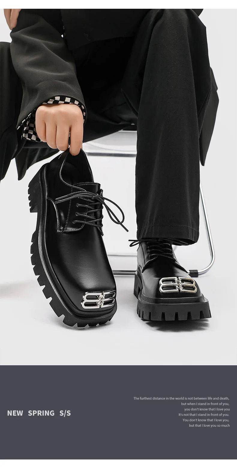 Square Toe Derby Shoes for Men Thick Soles Black Business Formal Casual Leather Shoes