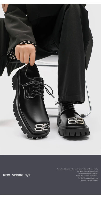 Square Toe Derby Shoes for Men Thick Soles Black Business Formal Casual Leather Shoes