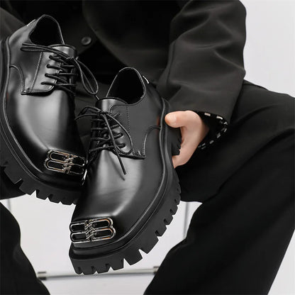 Square Toe Derby Shoes for Men Thick Soles Black Business Formal Casual Leather Shoes