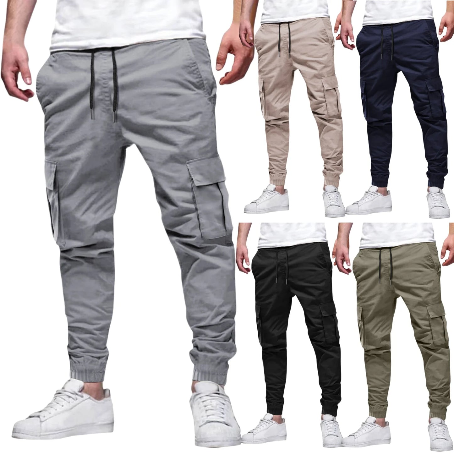 Men's Casual Multi-Pocket Elastic Waist Overalls Pants